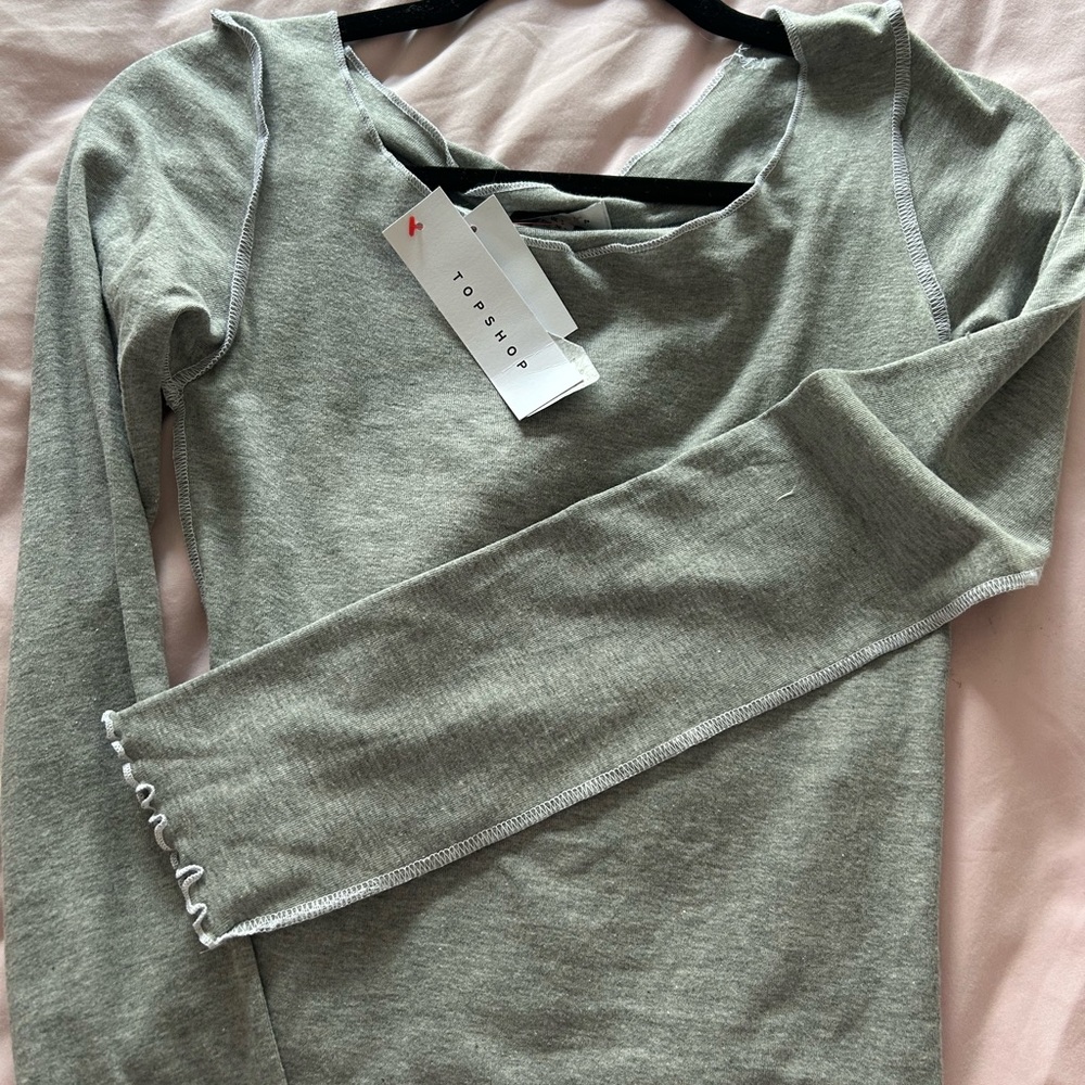 Topshop Gray Long Sleeve Lettuce Trim Women's Top NWT